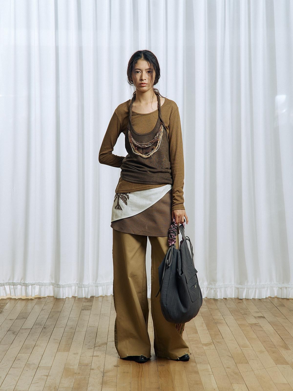APRIORITY Brown Asymmetrical Detachable Tassel Hem Women's Polyester Pullover Sweaters