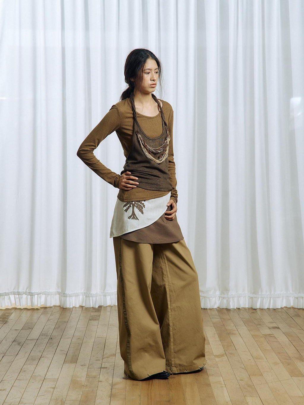 APRIORITY Brown Asymmetrical Detachable Tassel Hem Women's Polyester Pullover Sweaters