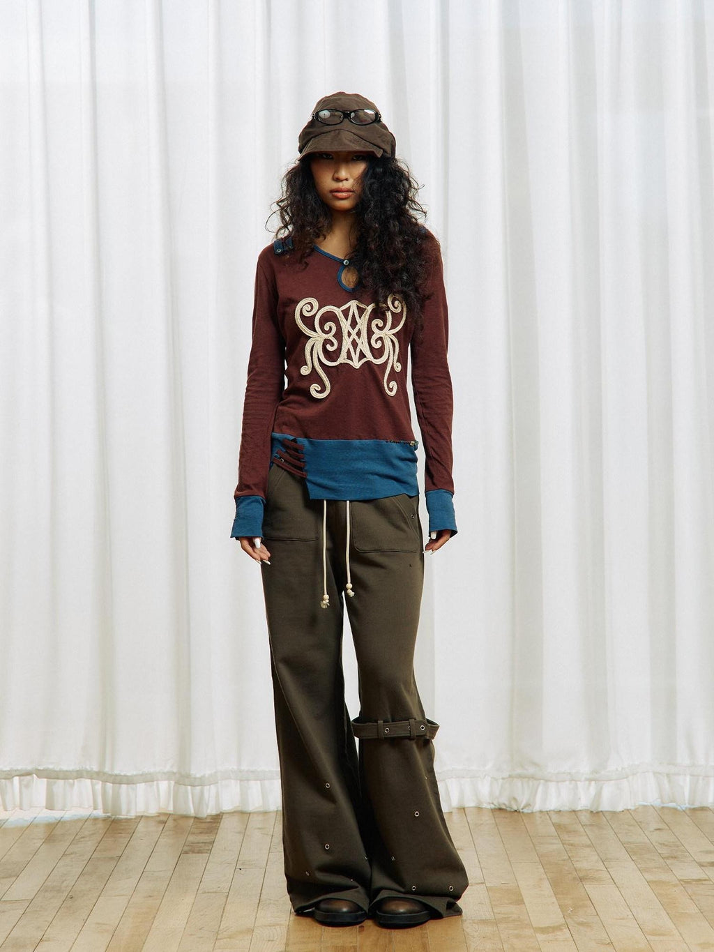 APRIORITY Brown Embroidered Beaded Cutout Split Women's Cotton Hemp Long Sleeve T-shirts