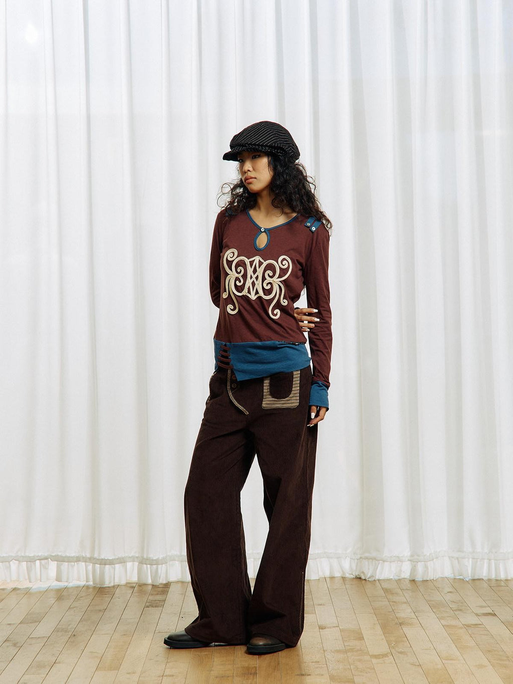 APRIORITY Brown Embroidered Beaded Cutout Split Women's Cotton Hemp Long Sleeve T-shirts