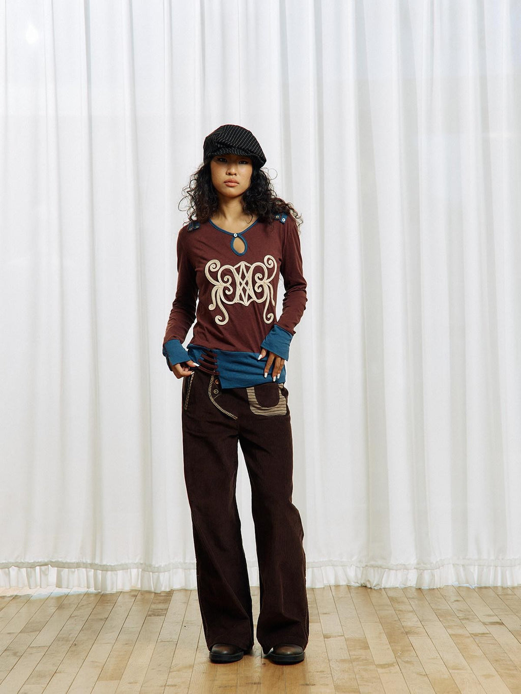 APRIORITY Brown Embroidered Beaded Cutout Split Women's Cotton Hemp Long Sleeve T-shirts