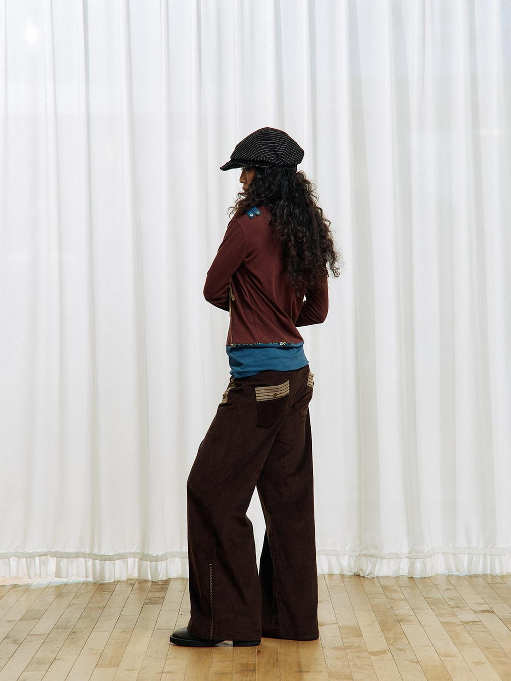 APRIORITY Brown Embroidered Beaded Cutout Split Women's Cotton Hemp Long Sleeve T-shirts