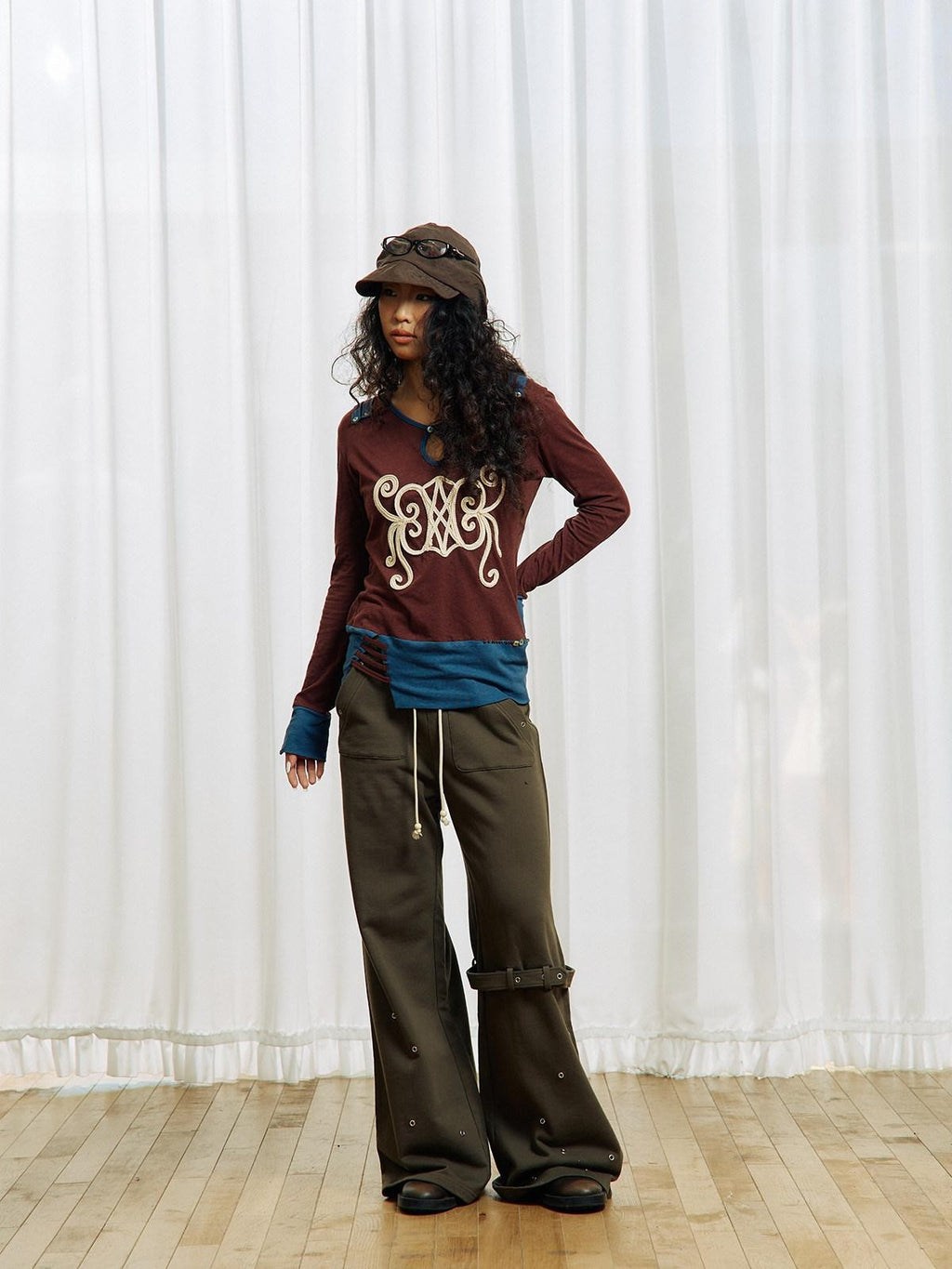 APRIORITY Brown Embroidered Beaded Cutout Split Women's Cotton Hemp Long Sleeve T-shirts