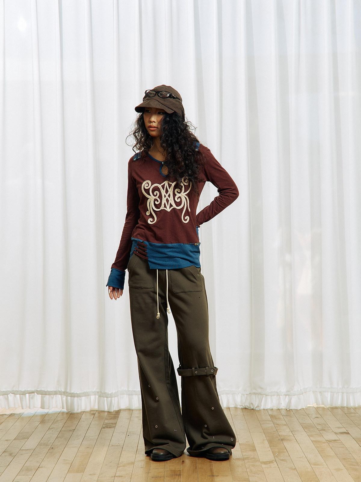 APRIORITY Brown Embroidered Beaded Cutout Split Women's Cotton Hemp Long Sleeve T-shirts
