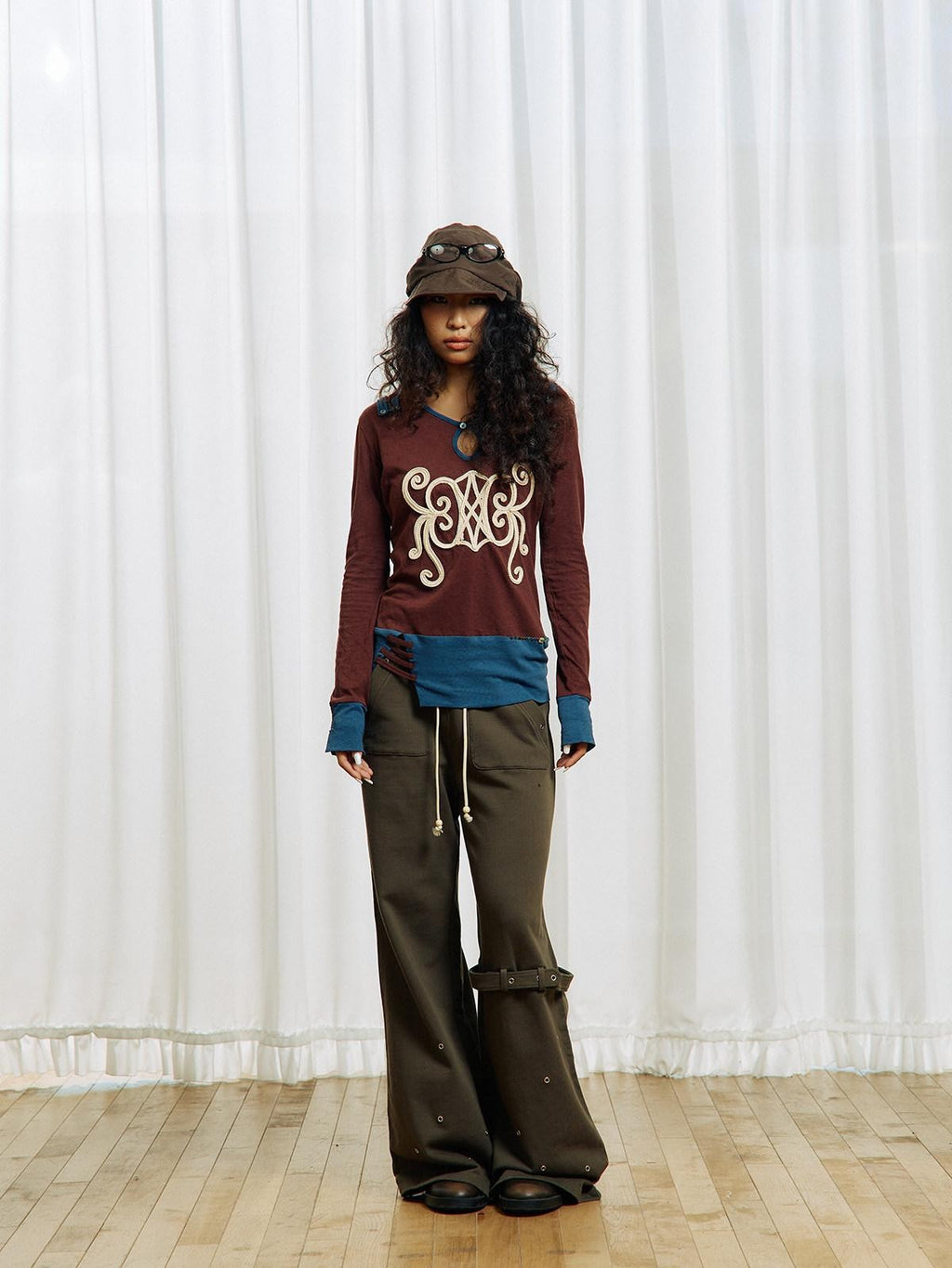 APRIORITY Brown Embroidered Beaded Cutout Split Women's Cotton Hemp Long Sleeve T-shirts