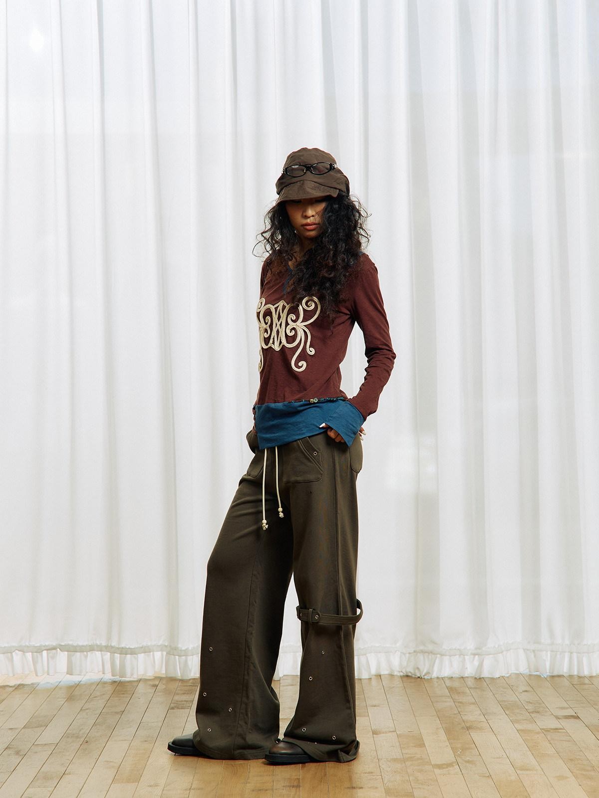 APRIORITY Brown Embroidered Beaded Cutout Split Women's Cotton Hemp Long Sleeve T-shirts