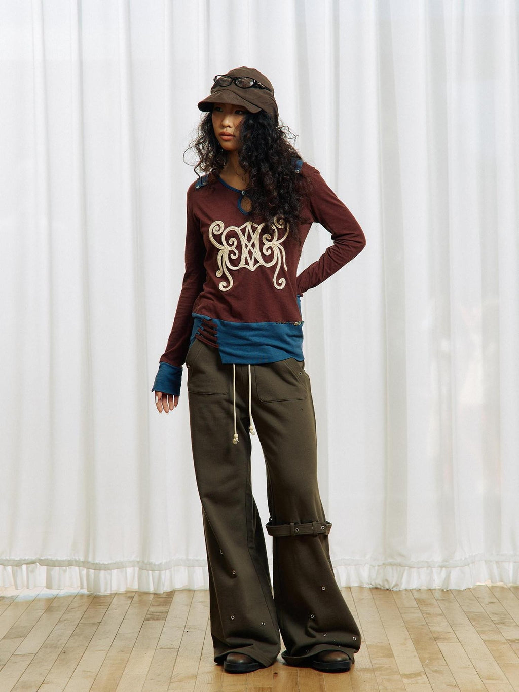 APRIORITY Brown Embroidered Beaded Cutout Split Women's Cotton Hemp Long Sleeve T-shirts