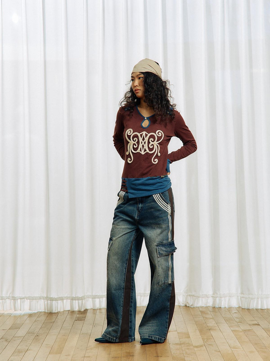 APRIORITY Brown Embroidered Beaded Cutout Split Women's Cotton Hemp Long Sleeve T-shirts