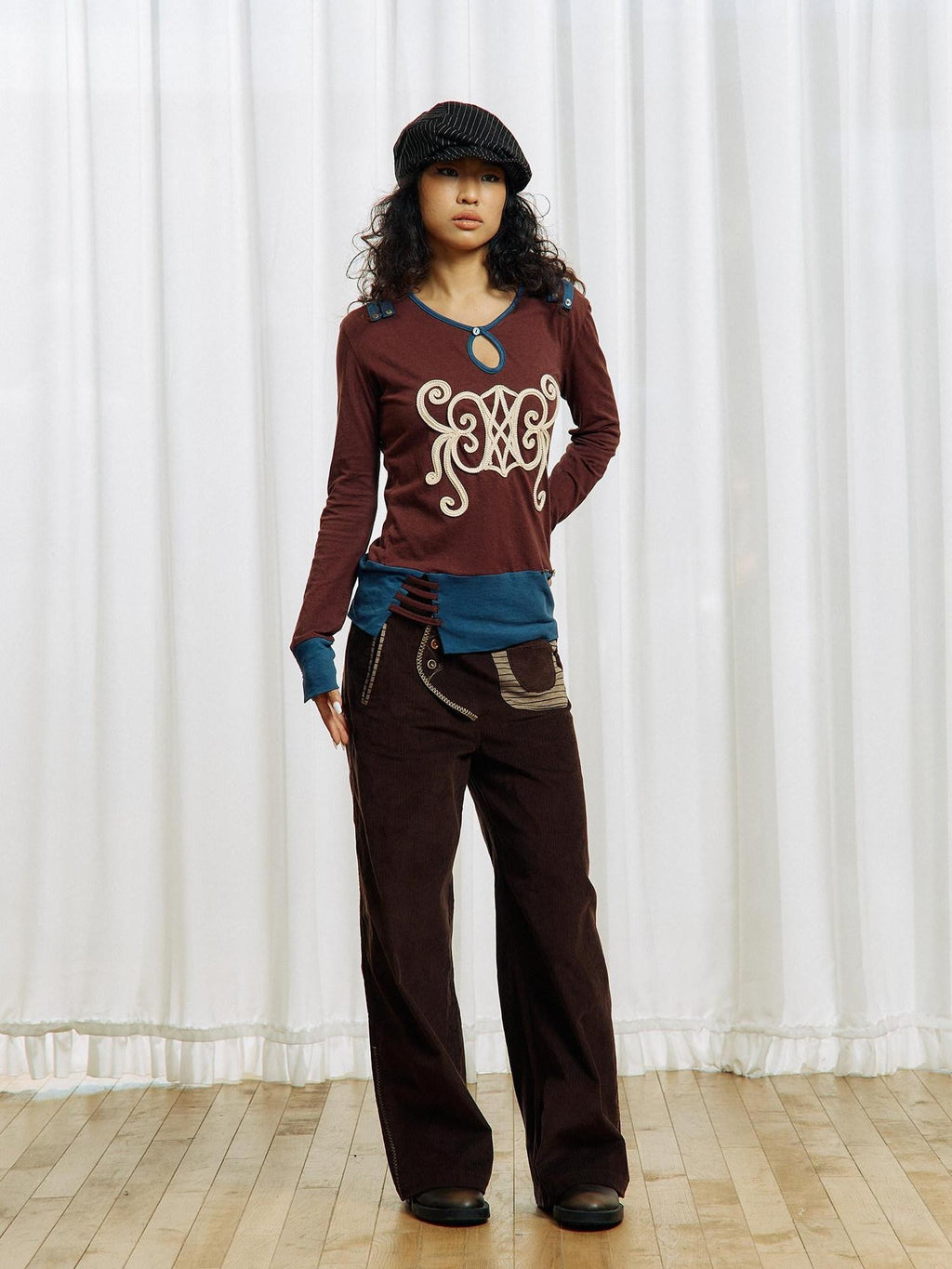 APRIORITY Brown Embroidered Beaded Cutout Split Women's Cotton Hemp Long Sleeve T-shirts