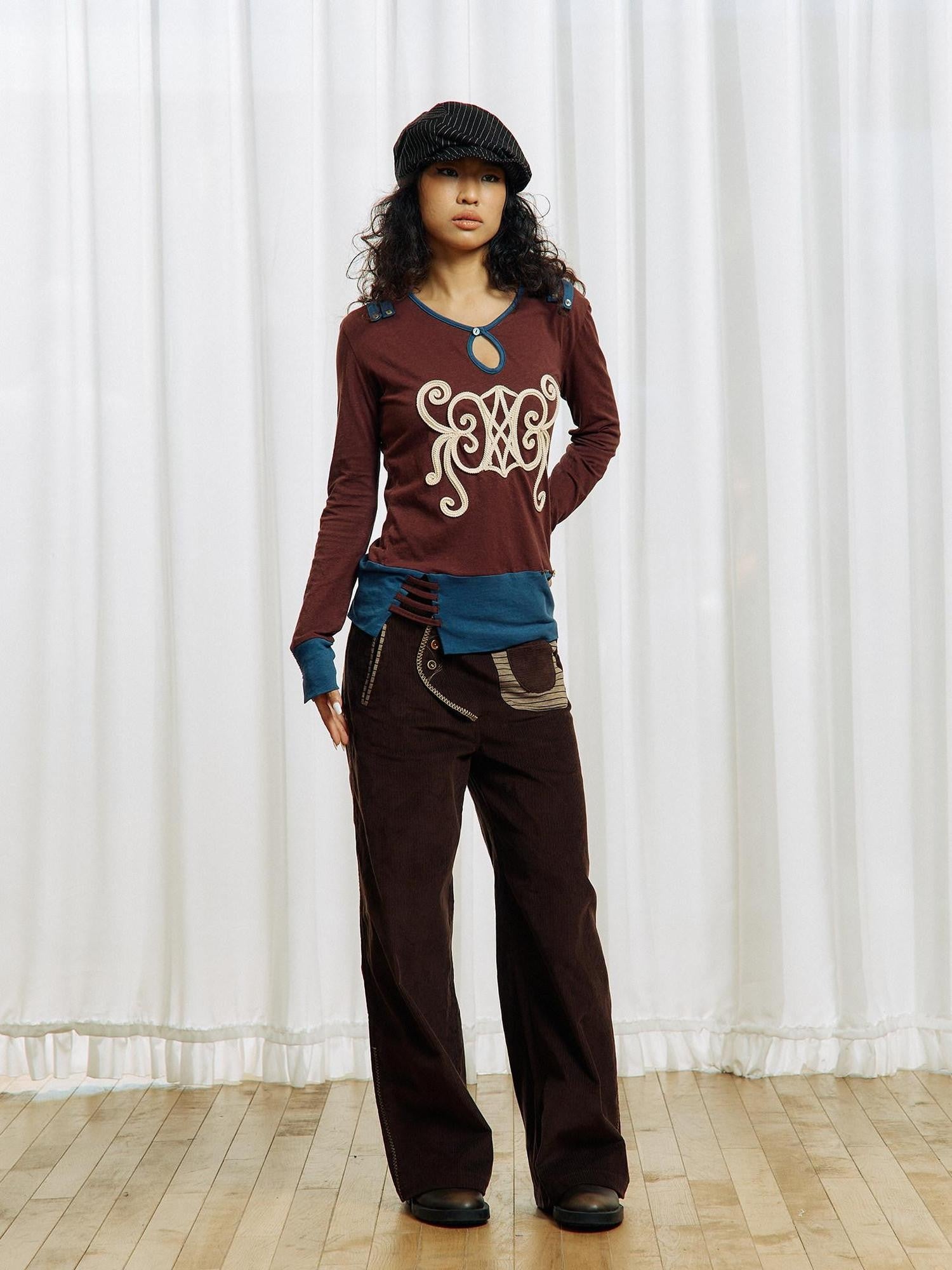 APRIORITY Brown Embroidered Beaded Cutout Split Women's Cotton Hemp Long Sleeve T-shirts