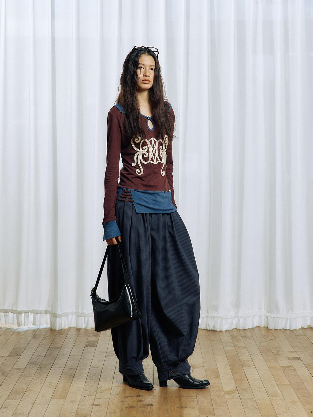 APRIORITY Brown Embroidered Beaded Cutout Split Women's Cotton Hemp Long Sleeve T-shirts