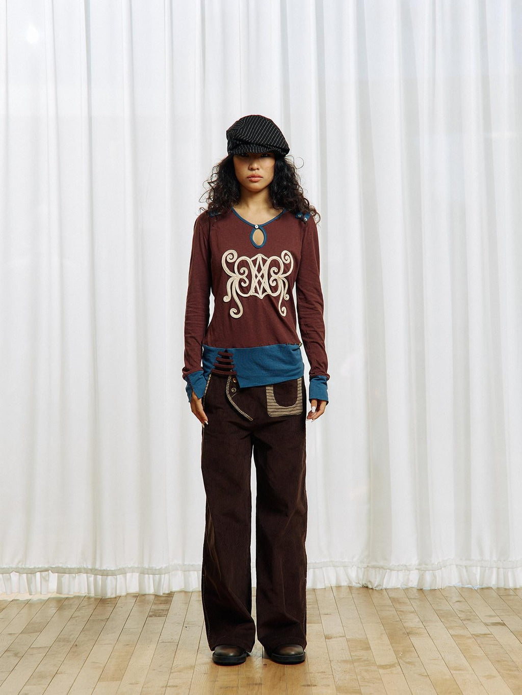 APRIORITY Brown Embroidered Beaded Cutout Split Women's Cotton Hemp Long Sleeve T-shirts