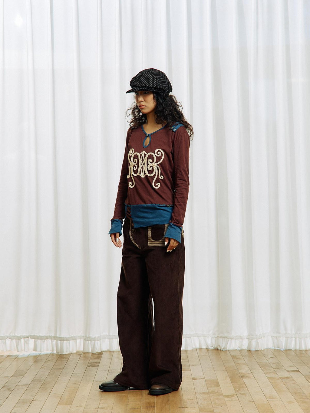 APRIORITY Brown Embroidered Beaded Cutout Split Women's Cotton Hemp Long Sleeve T-shirts