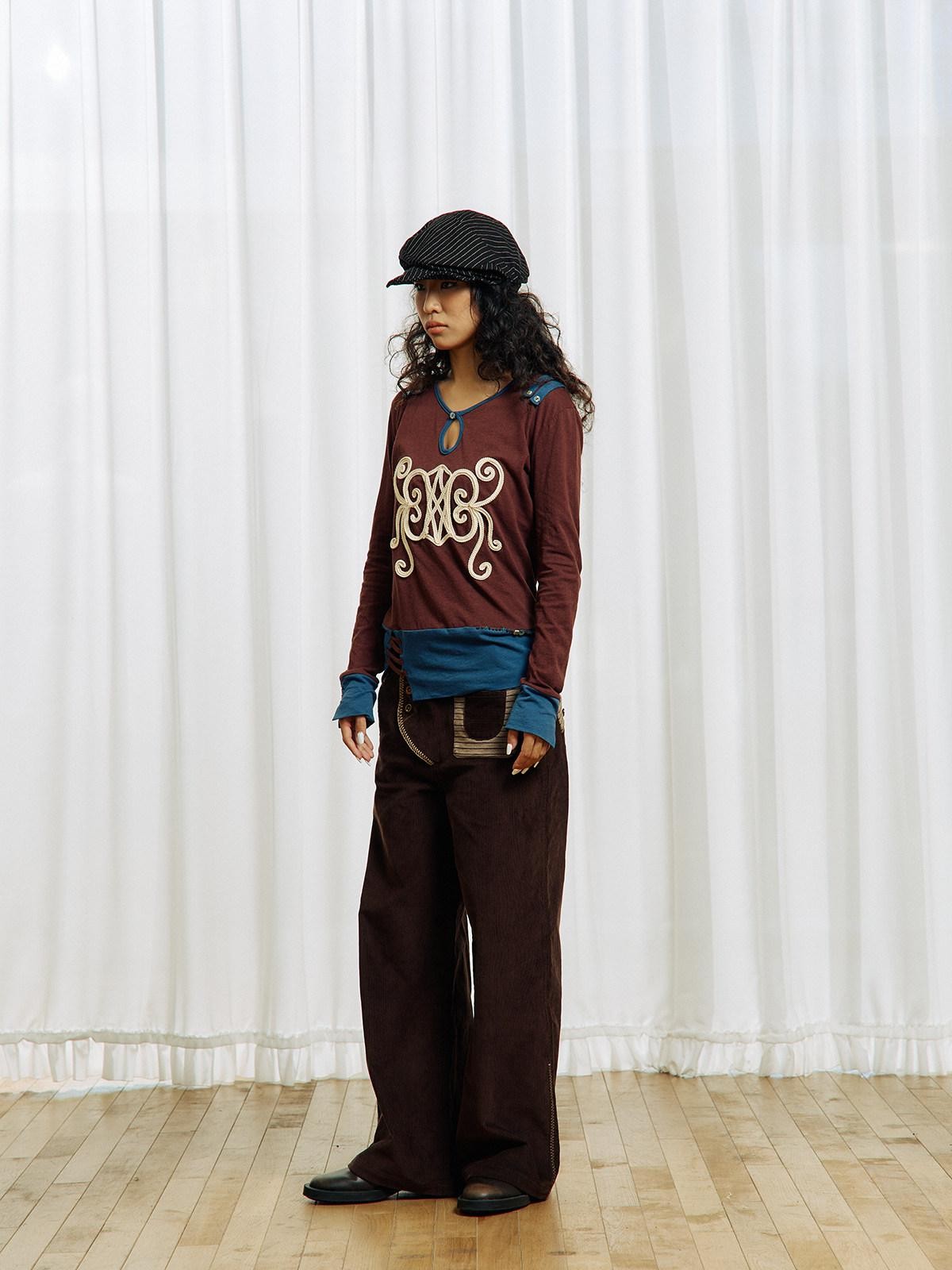 APRIORITY Brown Embroidered Beaded Cutout Split Women's Cotton Hemp Long Sleeve T-shirts