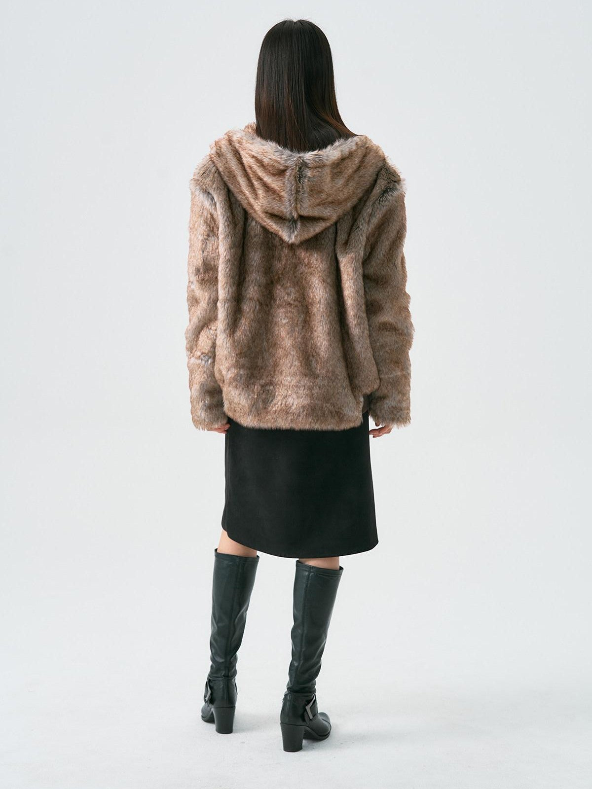 APRIORITY Brown Faux Fur Hooded Mountain Eagle Motif Women's Polyester Fleece Jackets