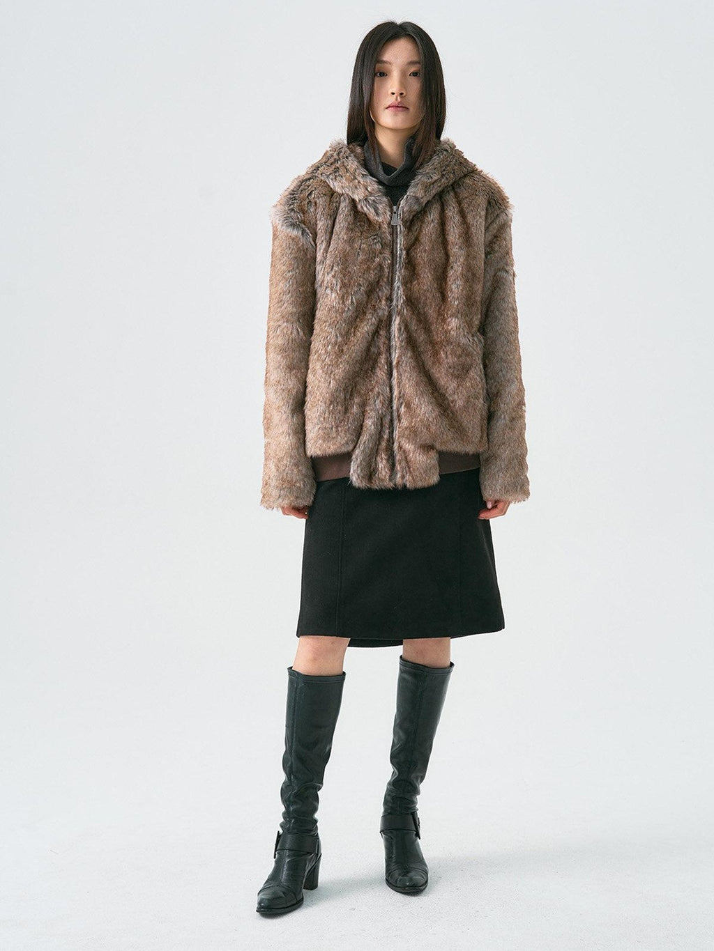 APRIORITY Brown Faux Fur Hooded Mountain Eagle Motif Women's Polyester Fleece Jackets