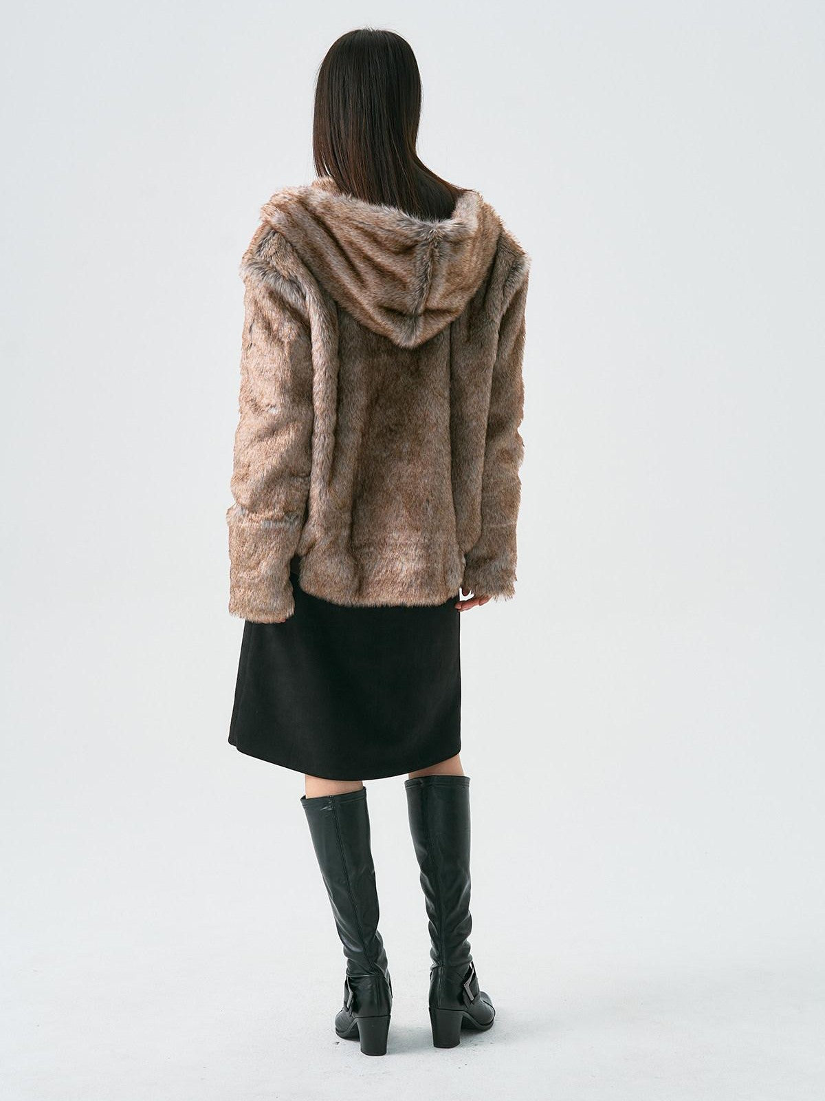 APRIORITY Brown Faux Fur Hooded Mountain Eagle Motif Women's Polyester Fleece Jackets