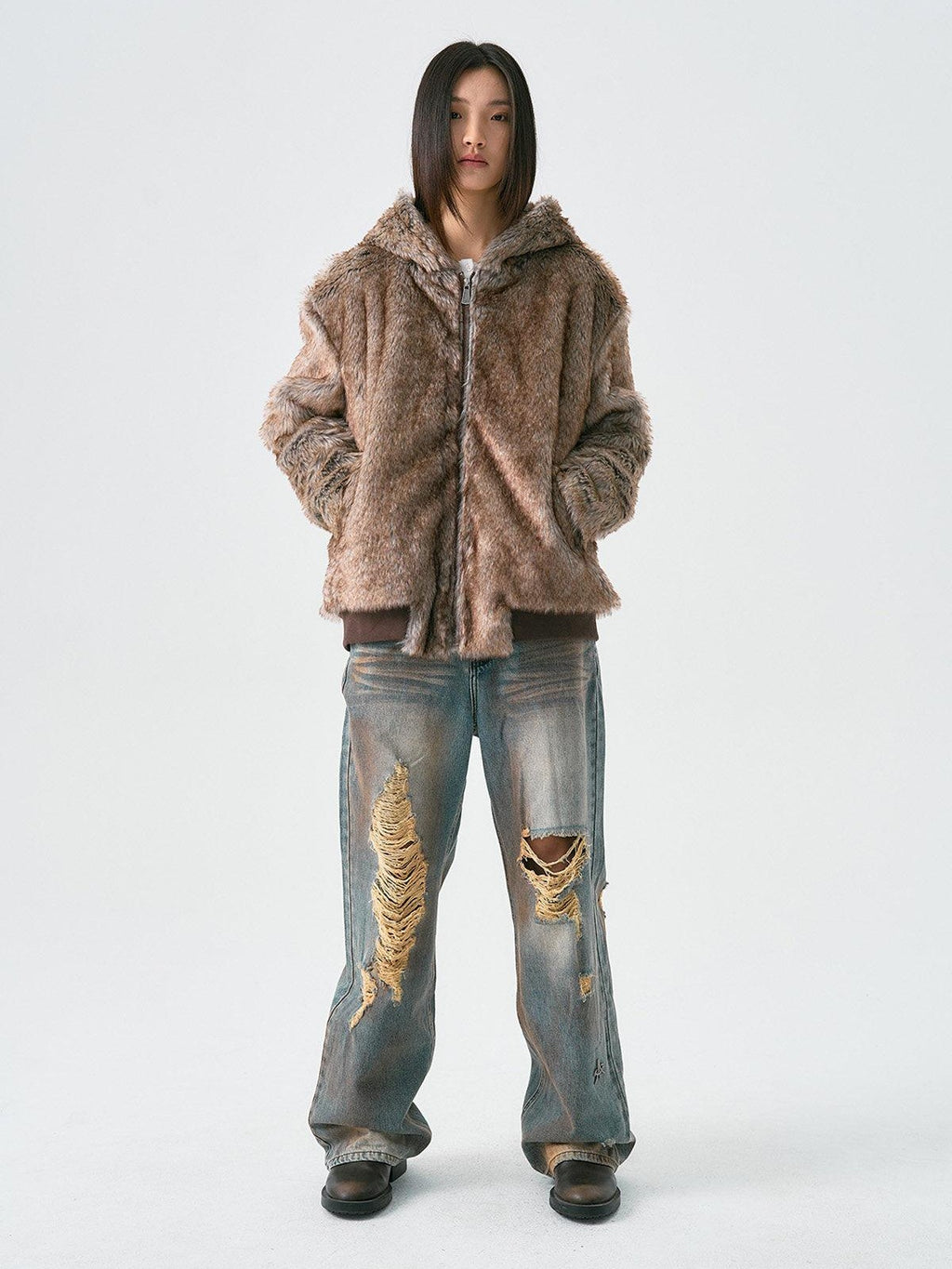 APRIORITY Brown Faux Fur Hooded Mountain Eagle Motif Women's Polyester Fleece Jackets
