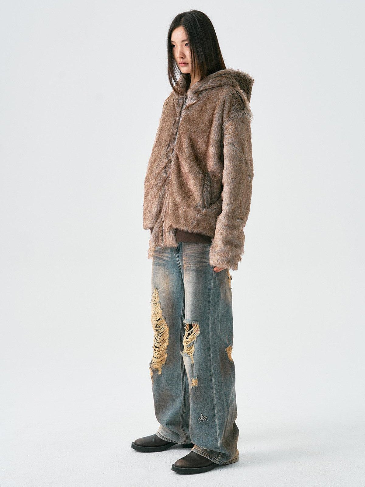 APRIORITY Brown Faux Fur Hooded Mountain Eagle Motif Women's Polyester Fleece Jackets