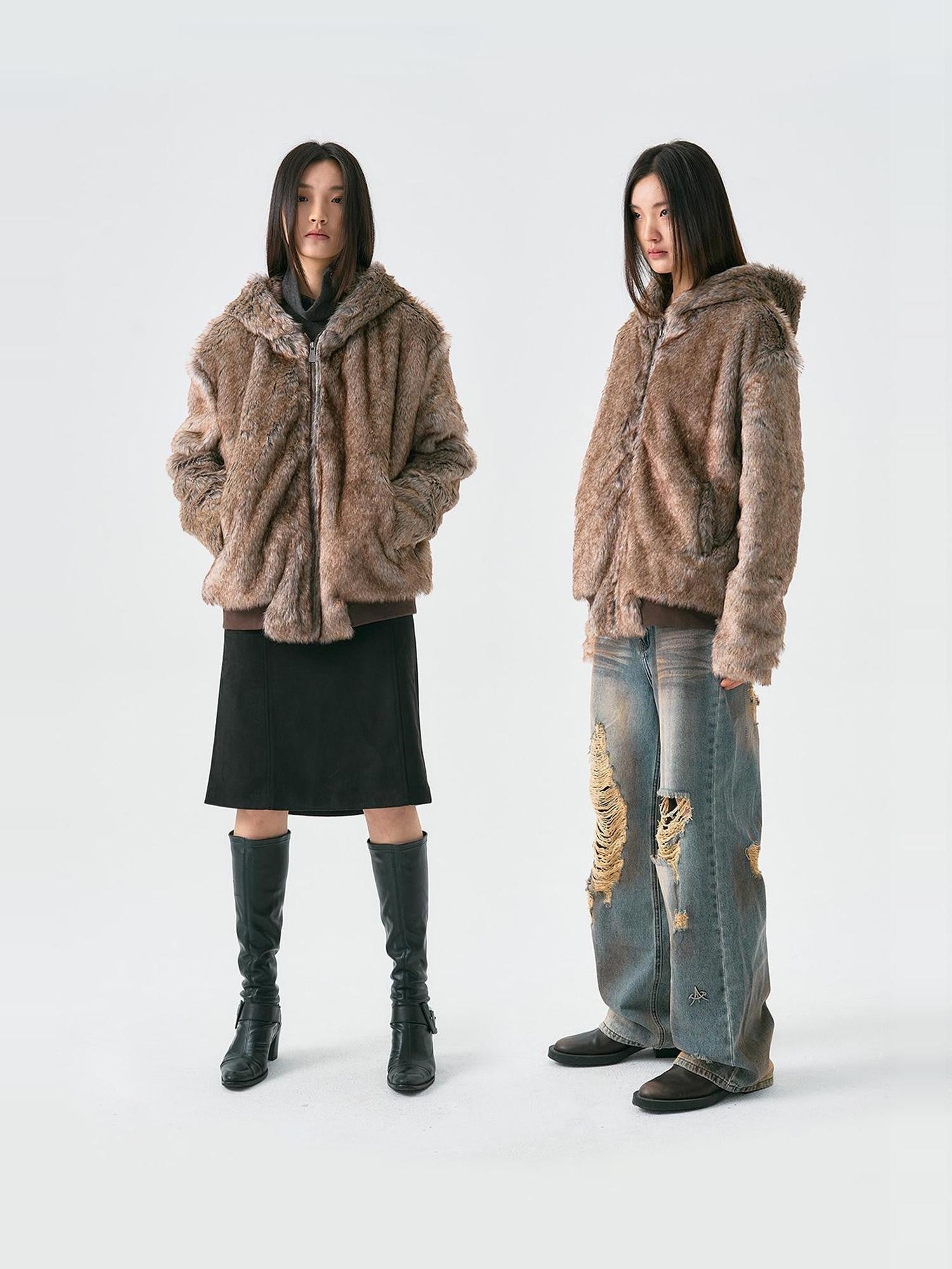 APRIORITY Brown Faux Fur Hooded Mountain Eagle Motif Women's Polyester Fleece Jackets