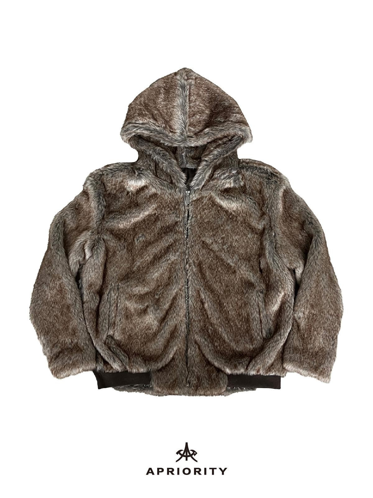APRIORITY Brown Faux Fur Hooded Mountain Eagle Motif Women's Polyester Fleece Jackets