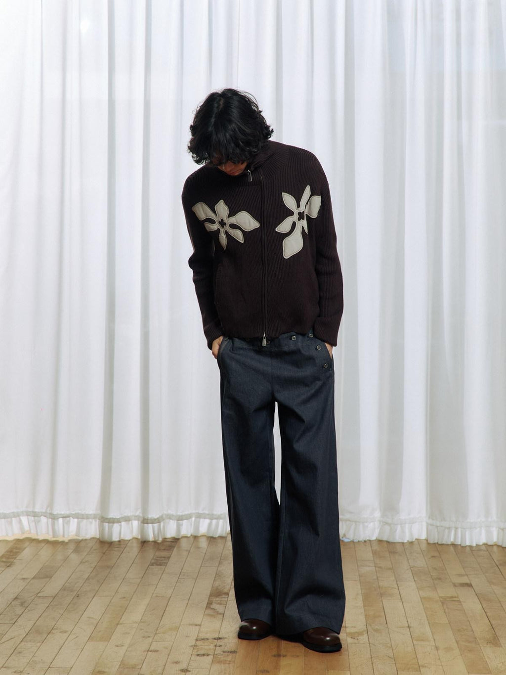 APRIORITY Brown Floral Applique High Neck Asym Zip Women's Acrylic Cotton Cardigans