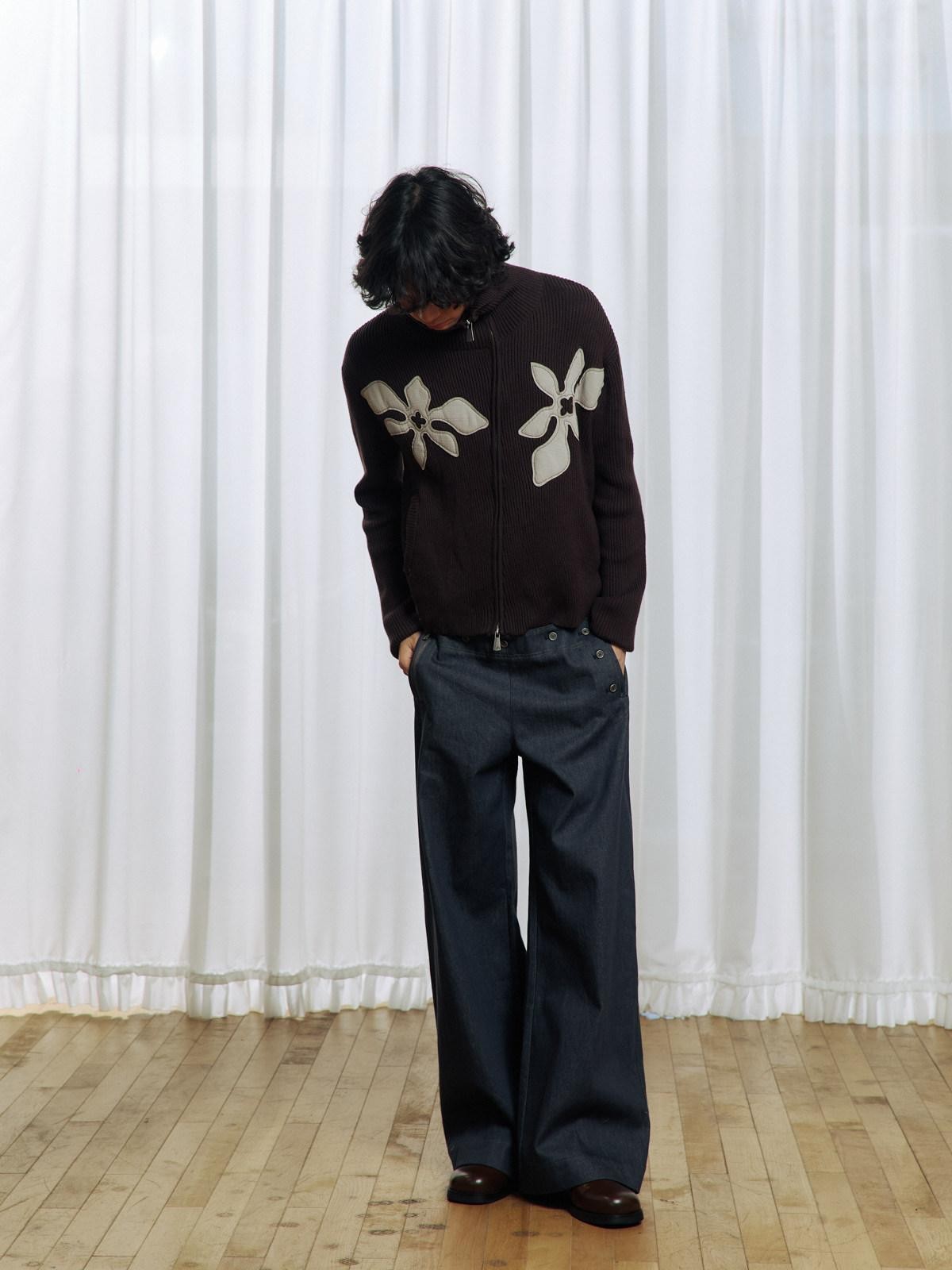 APRIORITY Brown Floral Applique High Neck Asym Zip Women's Acrylic Cotton Cardigans