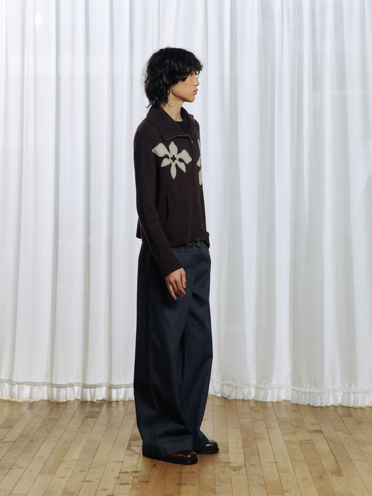APRIORITY Brown Floral Applique High Neck Asym Zip Women's Acrylic Cotton Cardigans