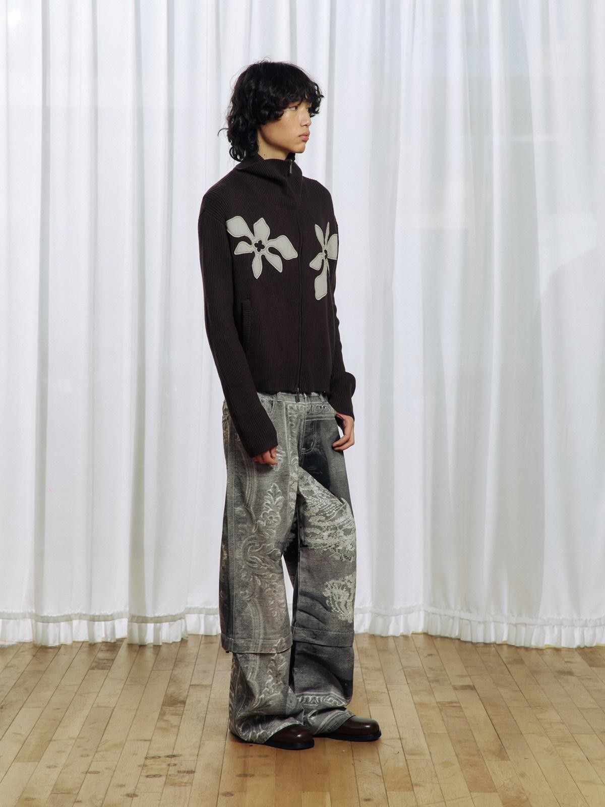 APRIORITY Brown Floral Applique High Neck Asym Zip Women's Acrylic Cotton Cardigans