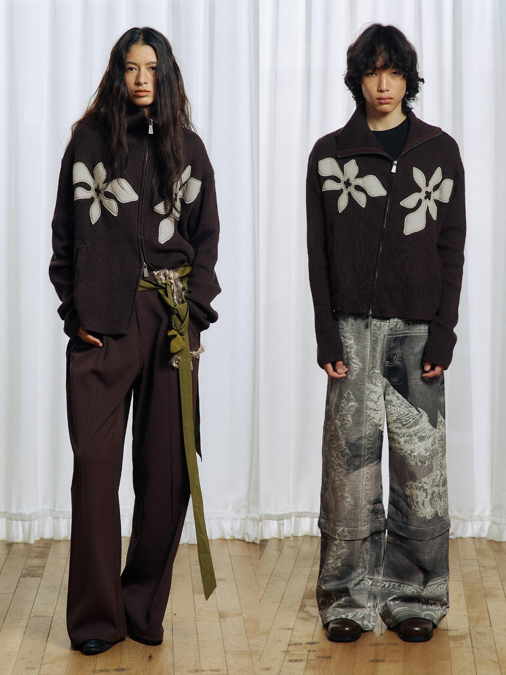 APRIORITY Brown Floral Applique High Neck Asym Zip Women's Acrylic Cotton Cardigans