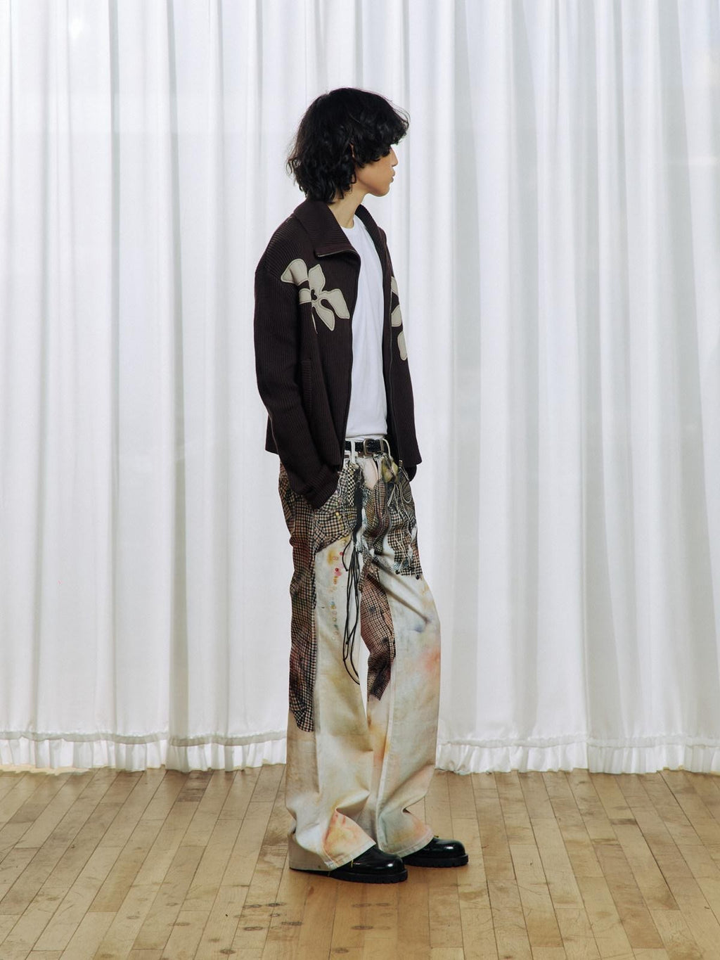 APRIORITY Brown Floral Applique High Neck Asym Zip Women's Acrylic Cotton Cardigans