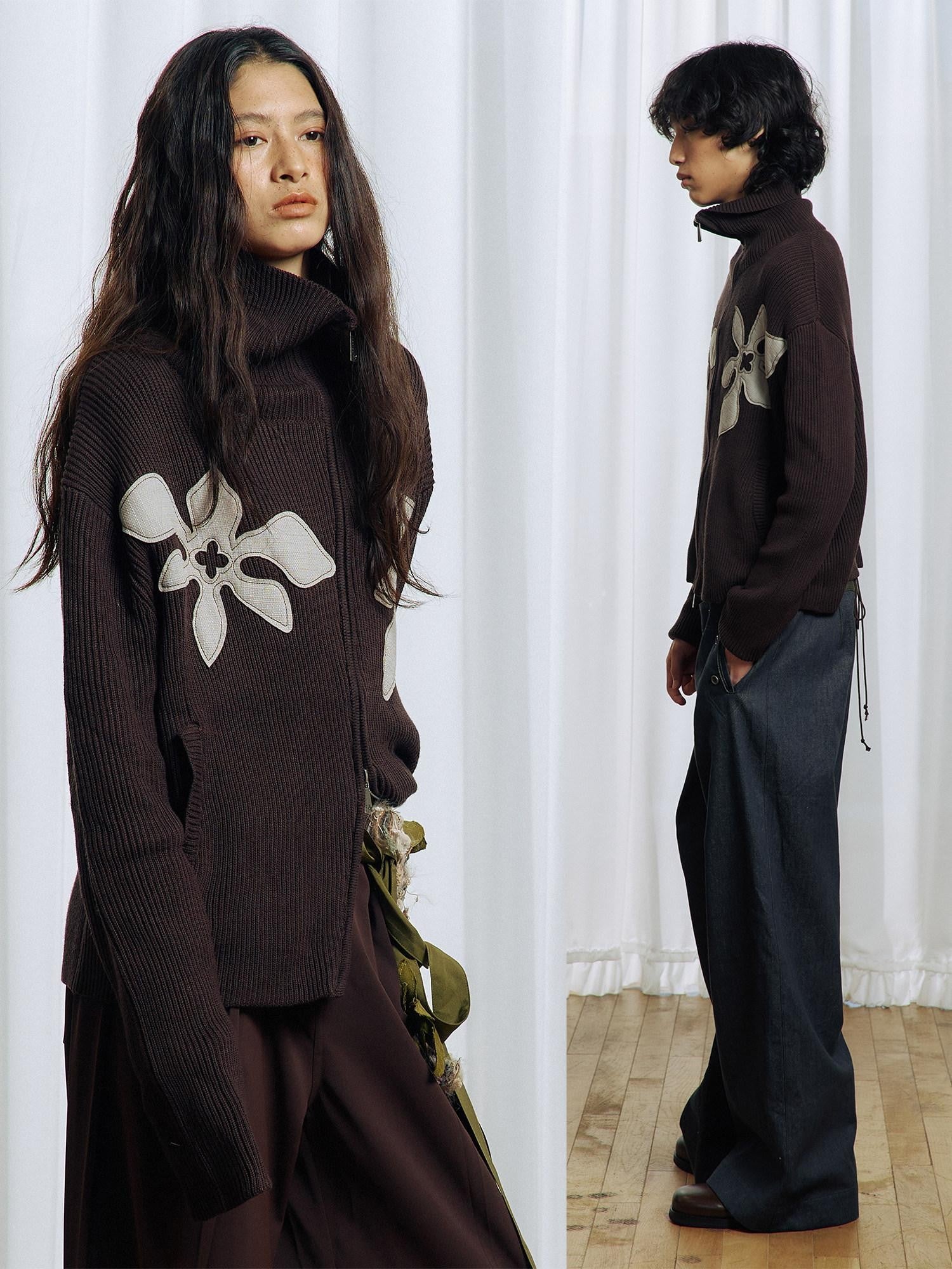 APRIORITY Brown Floral Applique High Neck Asym Zip Women's Acrylic Cotton Cardigans