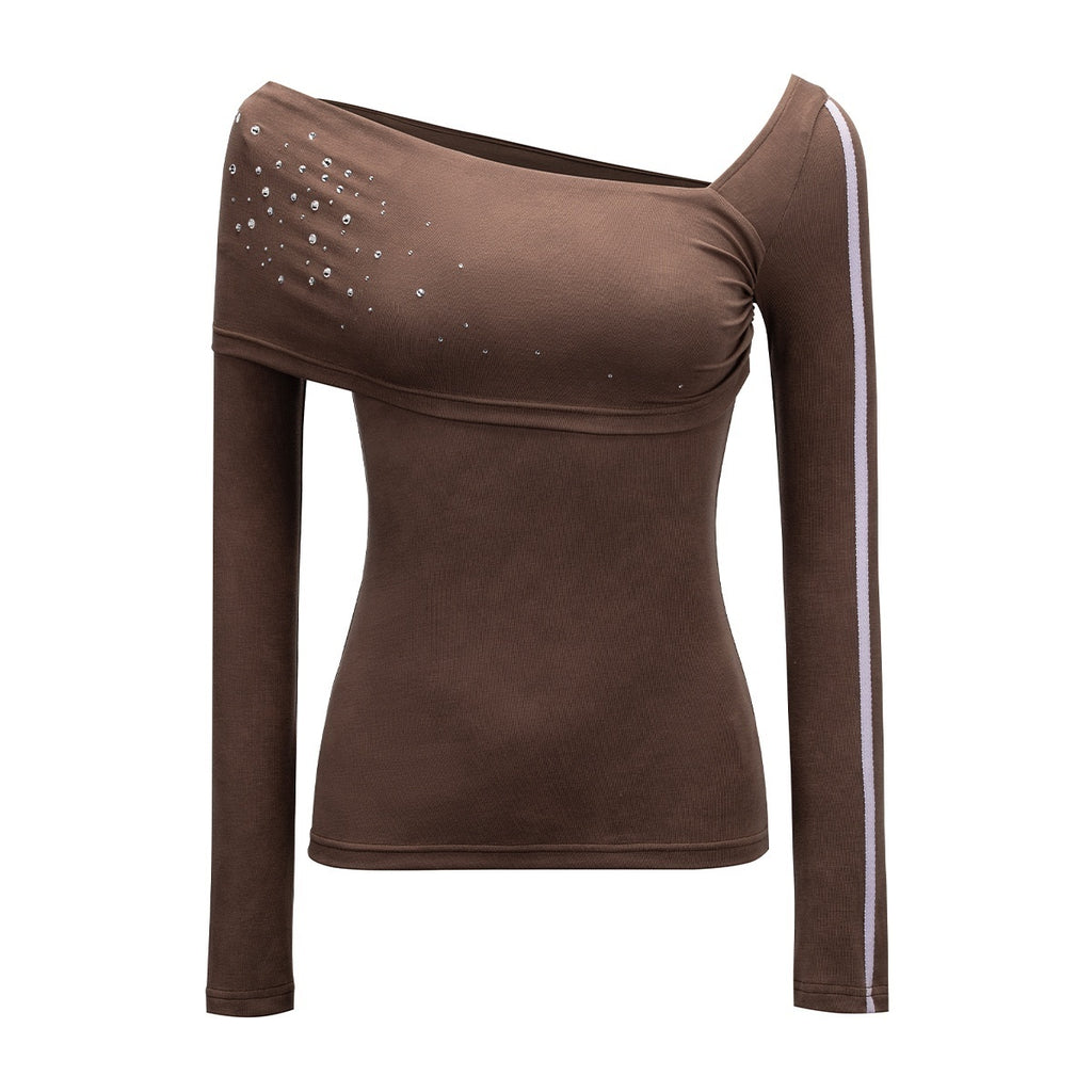 APRIORITY_Brown_Rhinestone_Asymmetric_One_Shoulder_Fitted_Women's_Lyocell_Long_Sleeve_T-shirts_958739086292_MISSTT