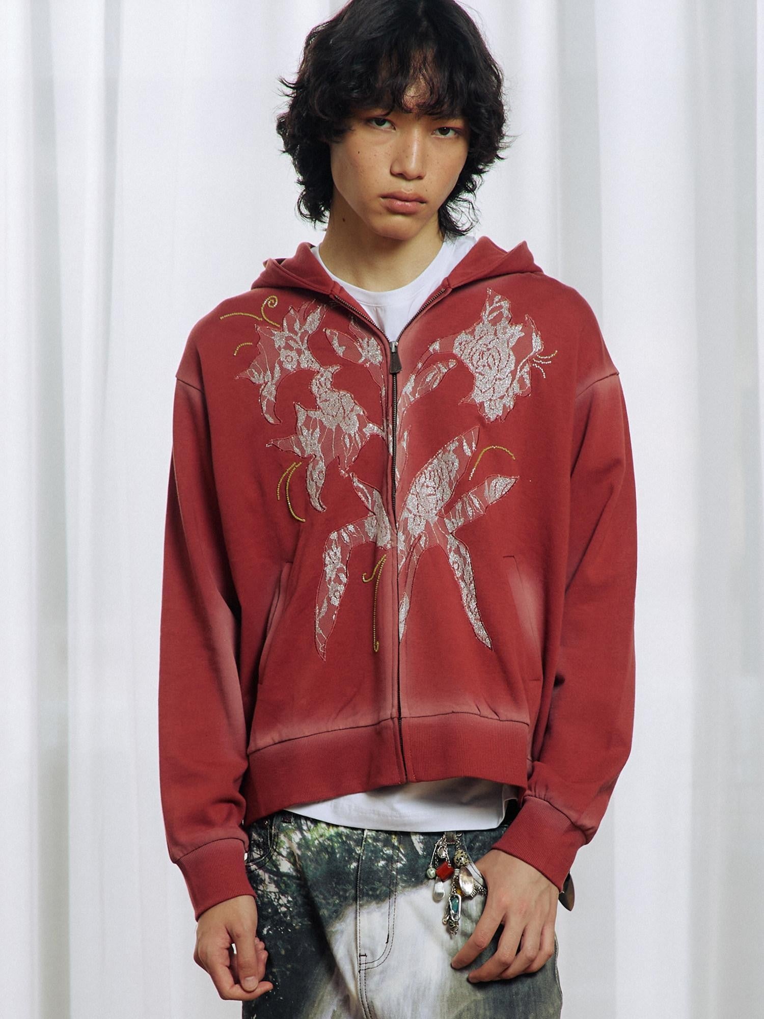 APRIORITY Burgundy Lily Floral Lace Embroidered Distressed Women's Cotton Zip-up Hoodies