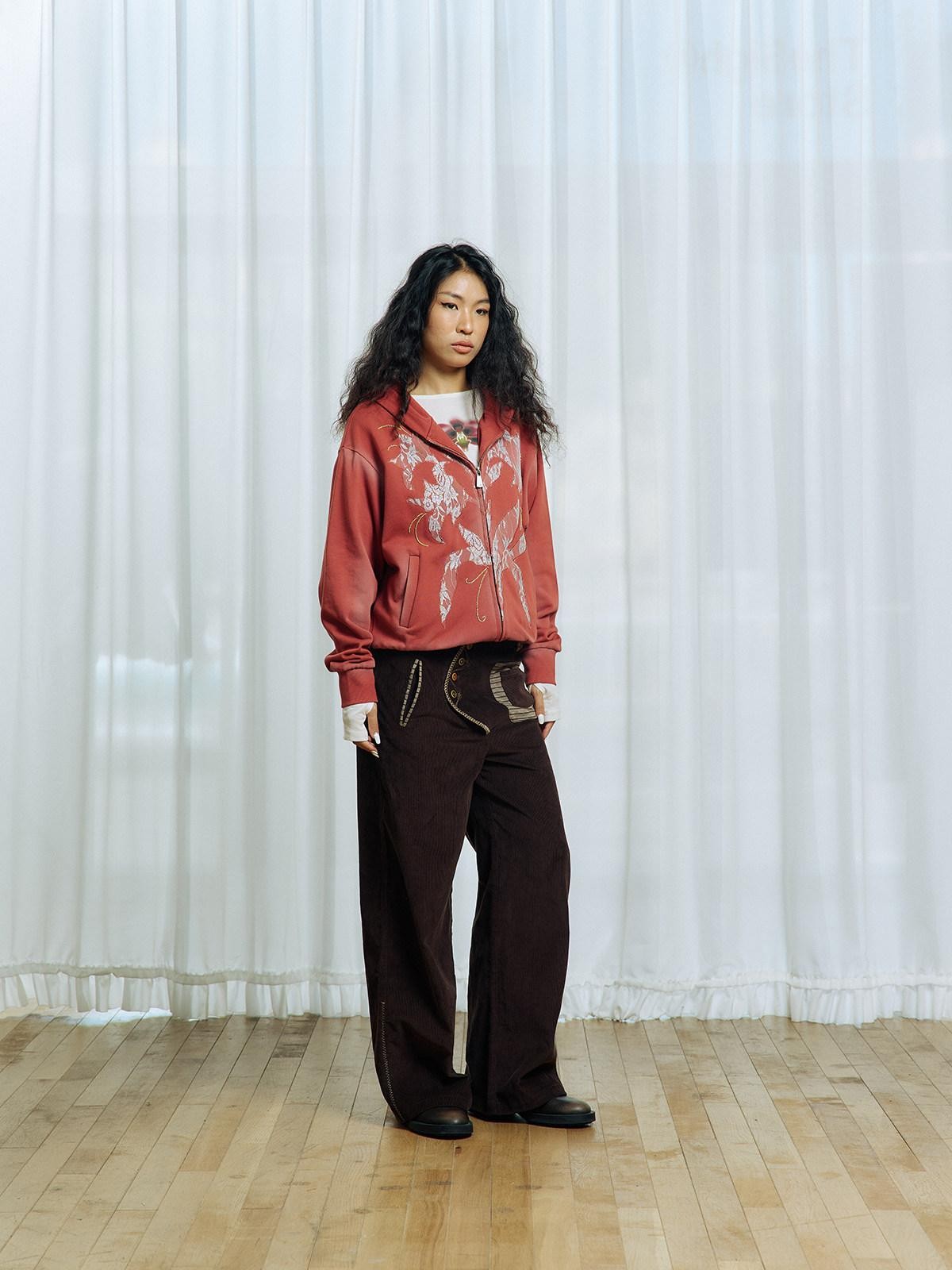APRIORITY Burgundy Lily Floral Lace Embroidered Distressed Women's Cotton Zip-up Hoodies