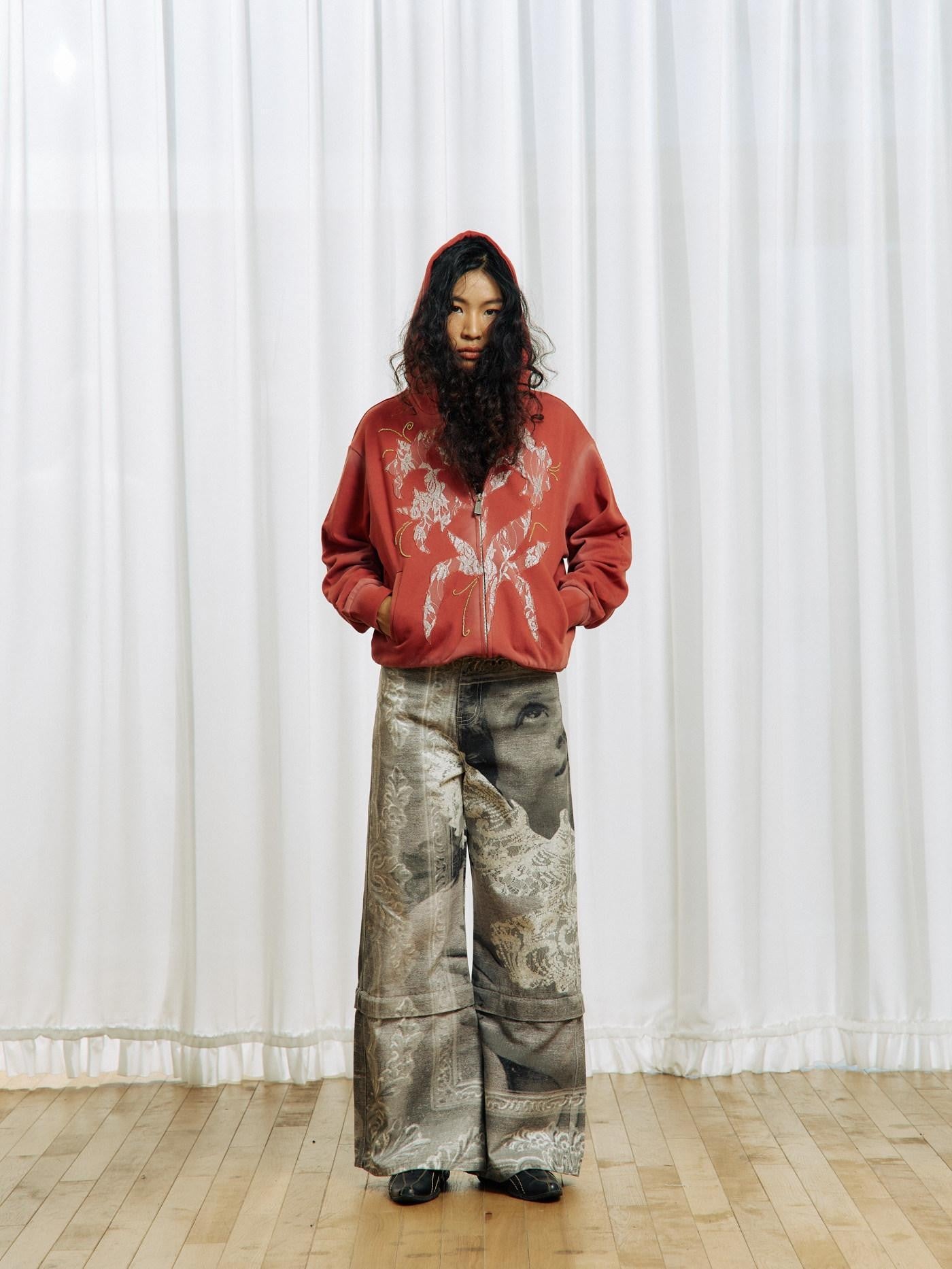APRIORITY Burgundy Lily Floral Lace Embroidered Distressed Women's Cotton Zip-up Hoodies