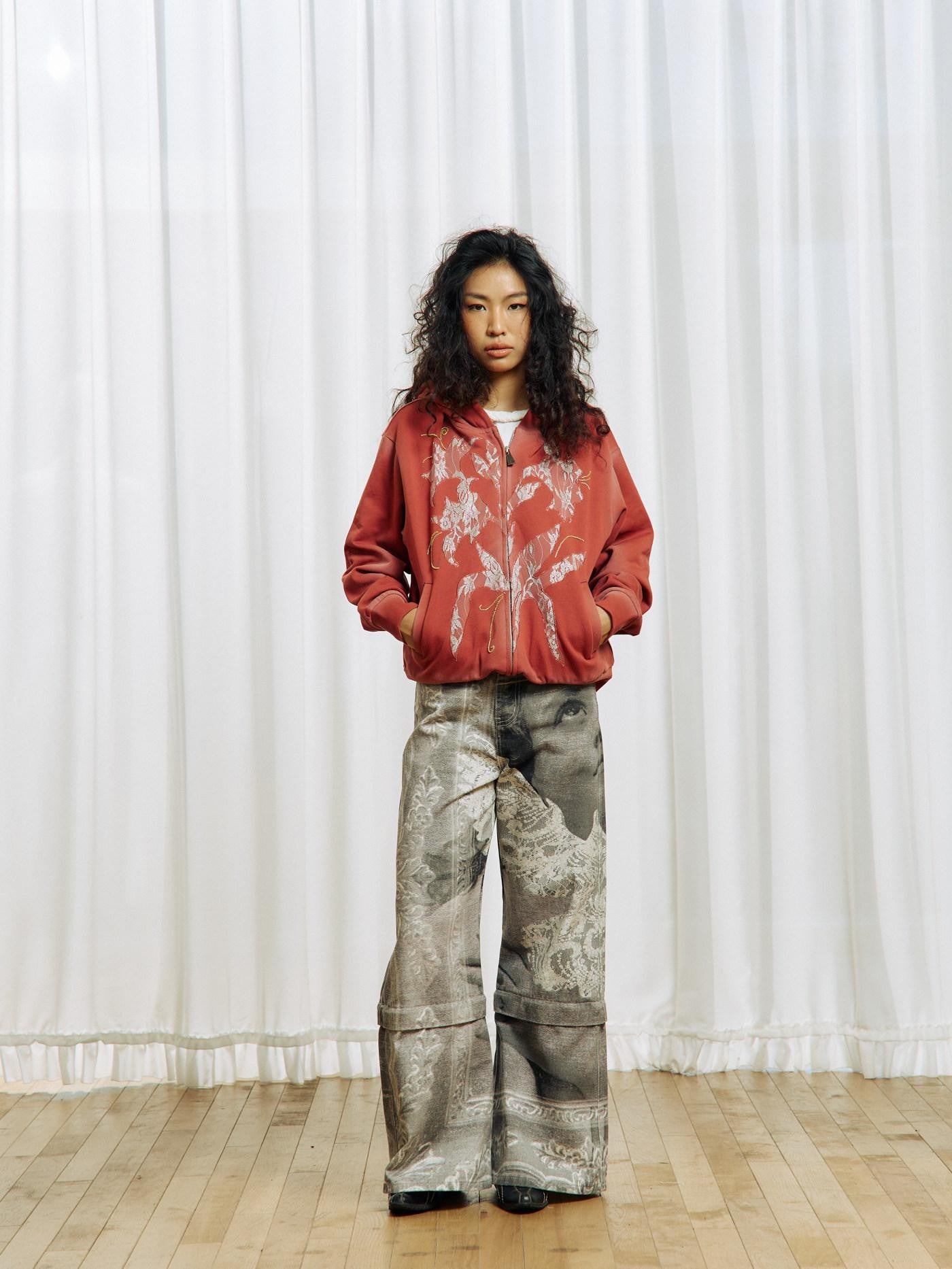 APRIORITY Burgundy Lily Floral Lace Embroidered Distressed Women's Cotton Zip-up Hoodies