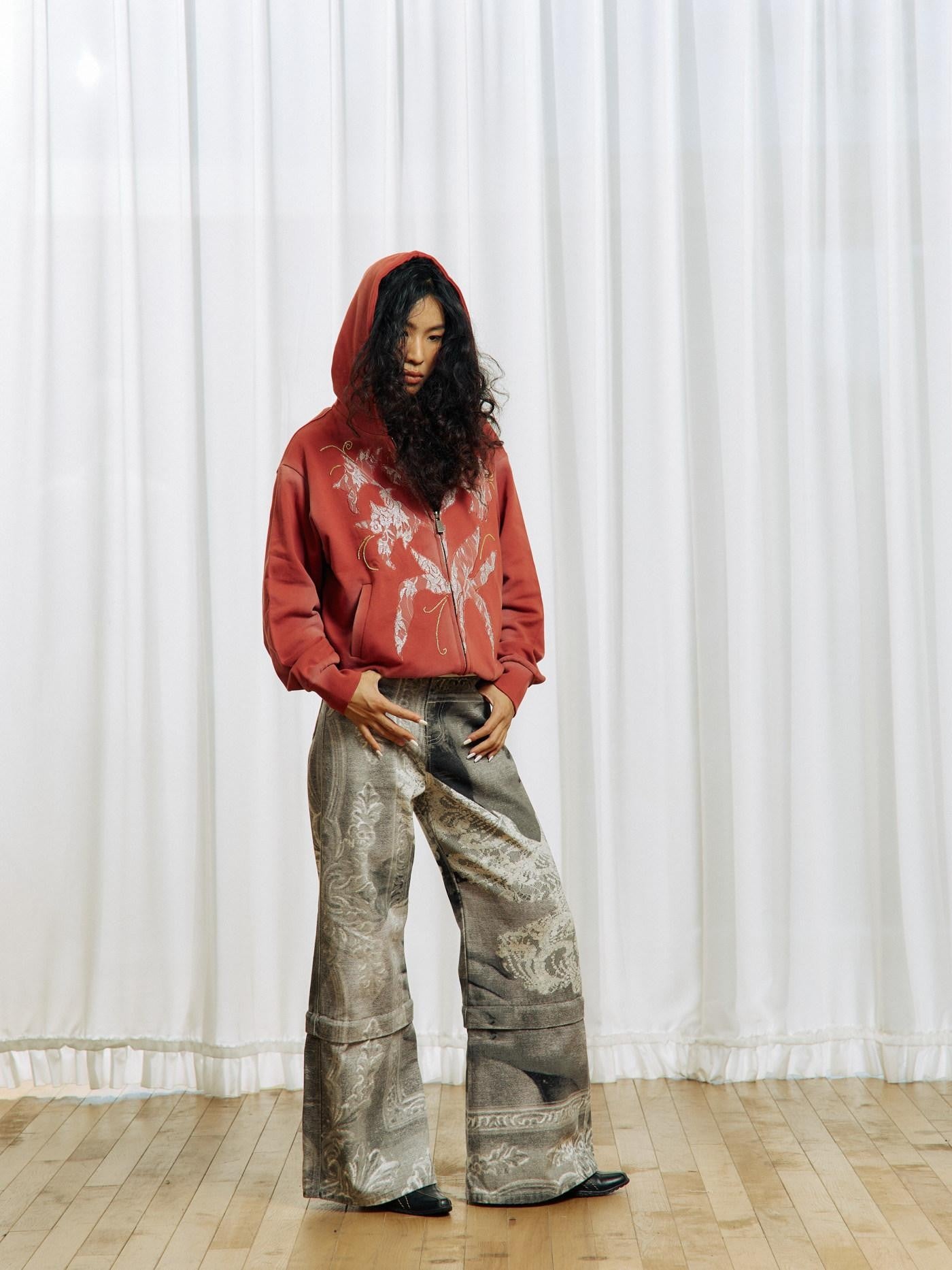 APRIORITY Burgundy Lily Floral Lace Embroidered Distressed Women's Cotton Zip-up Hoodies