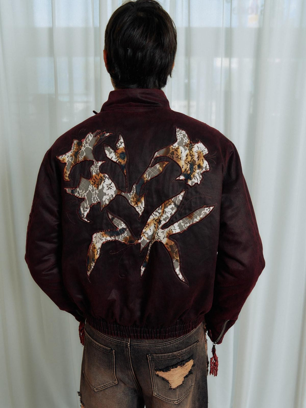 APRIORITY Burning Lily Lace Embroidered Floral Women's Faux Leather Leather Jackets
