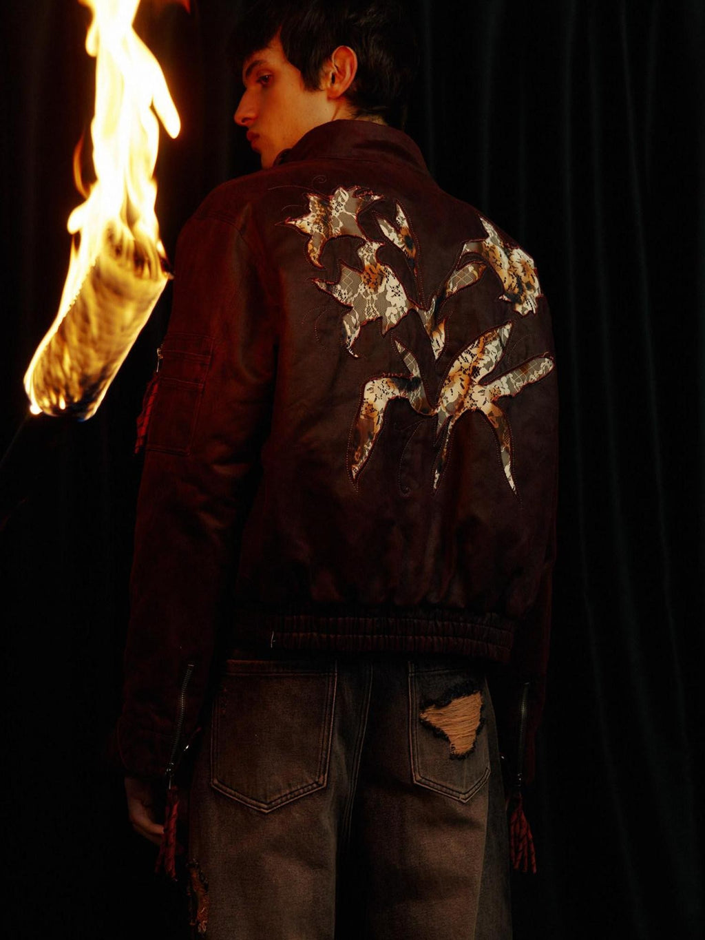 APRIORITY Burning Lily Lace Embroidered Floral Women's Faux Leather Leather Jackets