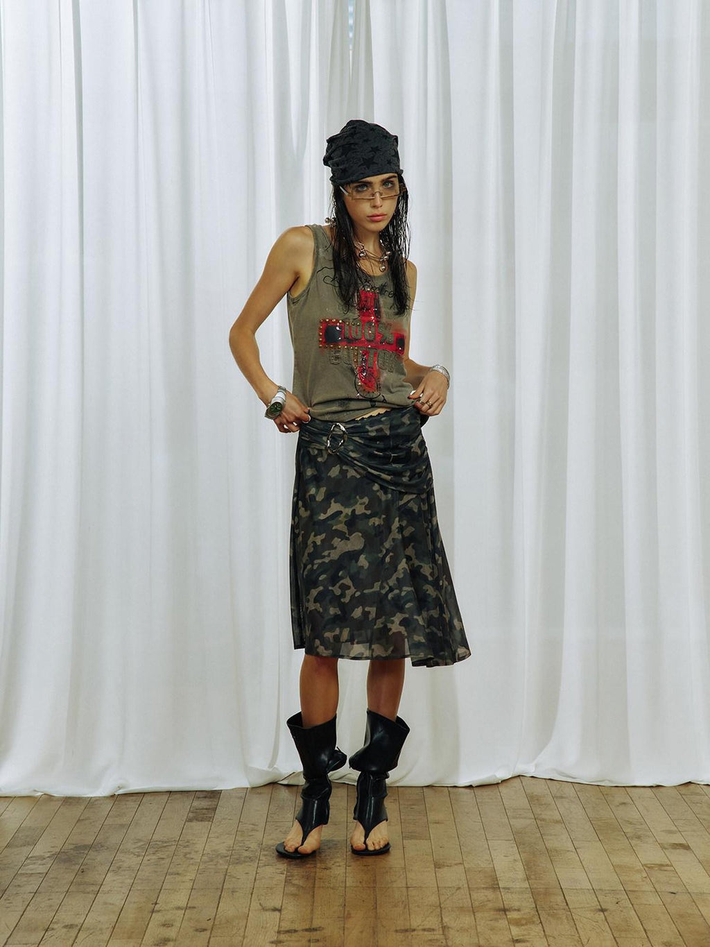 APRIORITY Camouflage Mesh Lace Asymmetric Digital Print Women's Polyester Midi Skirts