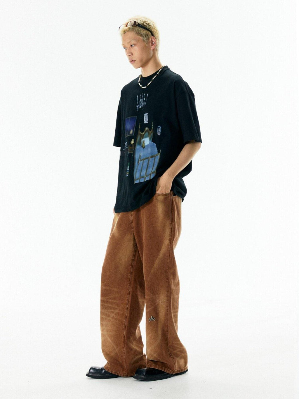 APRIORITY Caramel Special Wash Metal Zipper Women's Cotton Denim Wide-leg Jeans