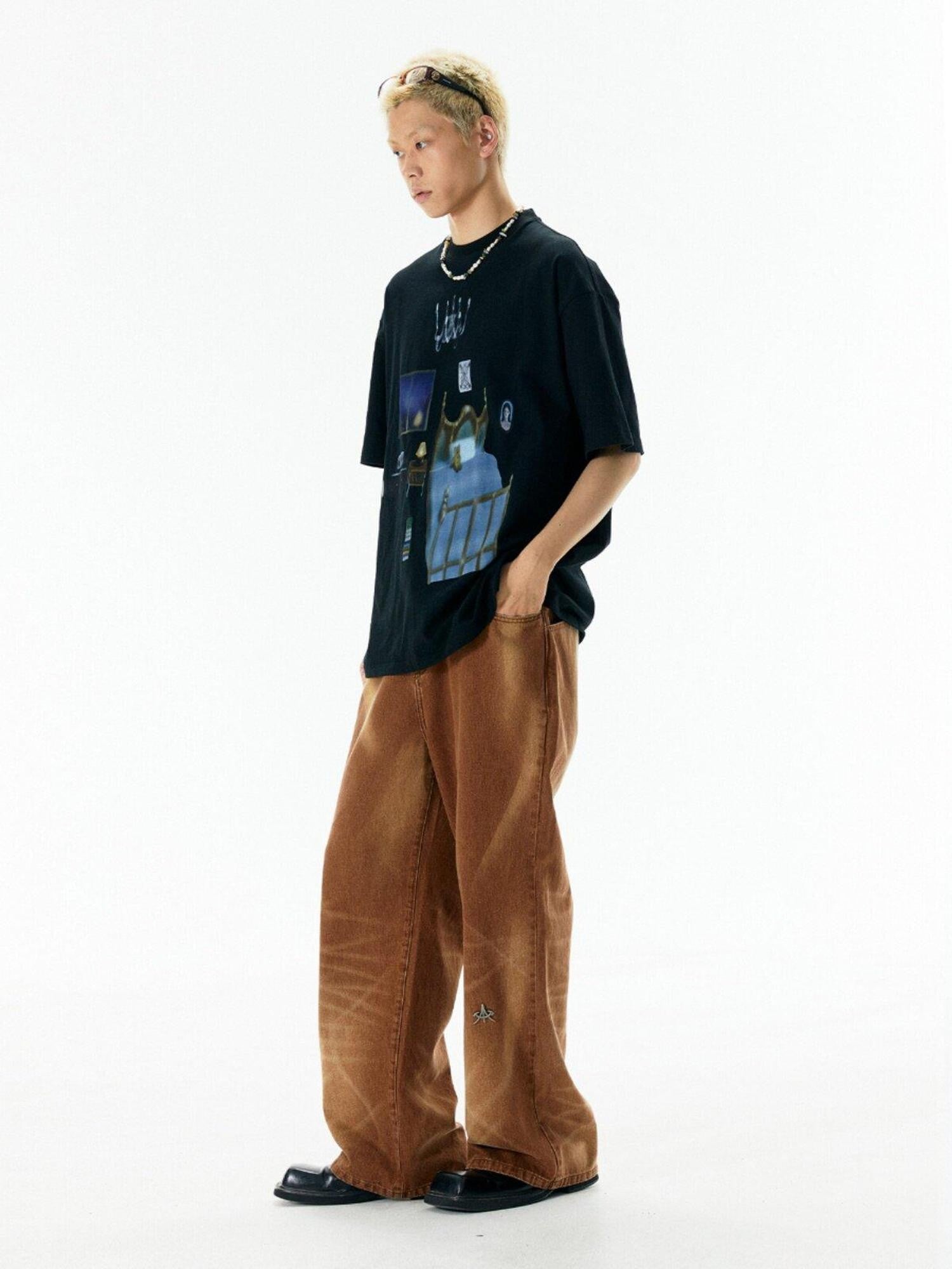 APRIORITY Caramel Special Wash Metal Zipper Women's Cotton Denim Wide-leg Jeans