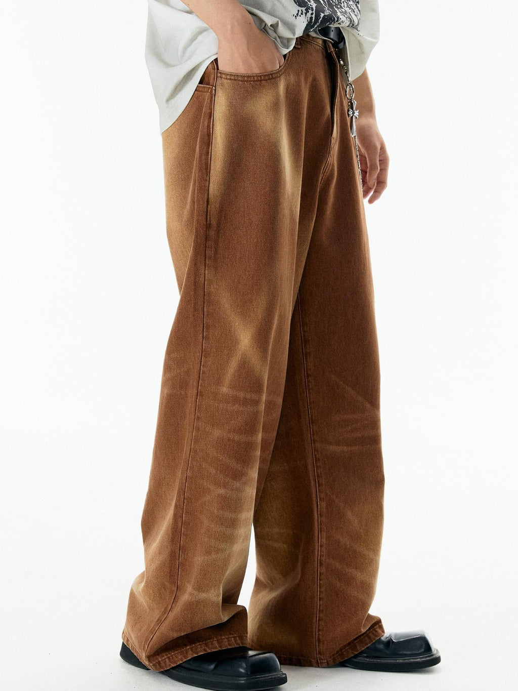 APRIORITY Caramel Special Wash Metal Zipper Women's Cotton Denim Wide-leg Jeans