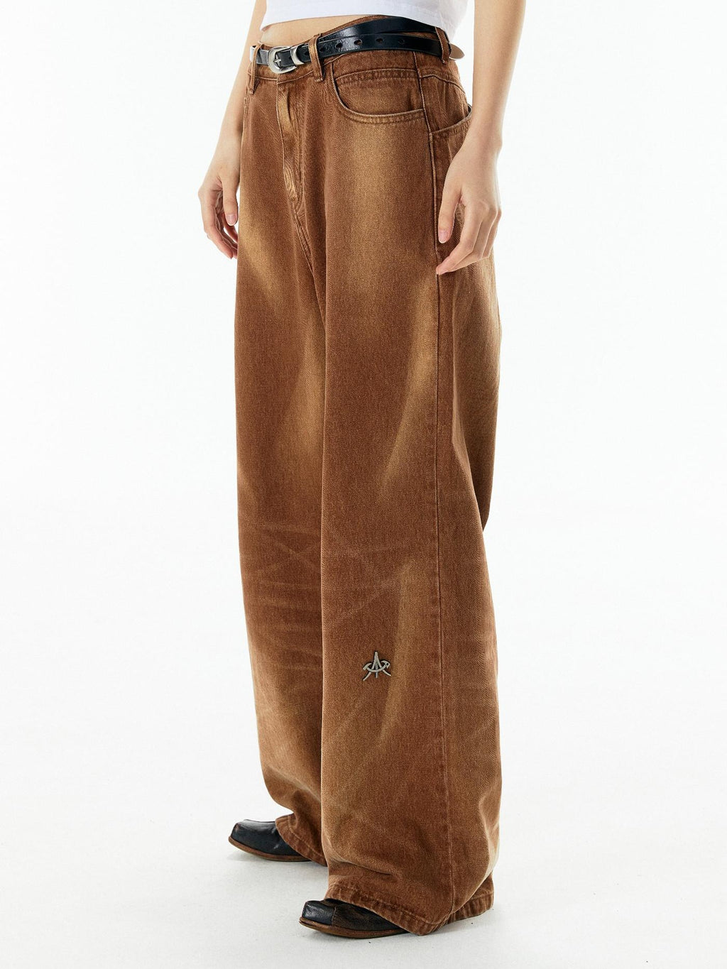 APRIORITY Caramel Special Wash Metal Zipper Women's Cotton Denim Wide-leg Jeans