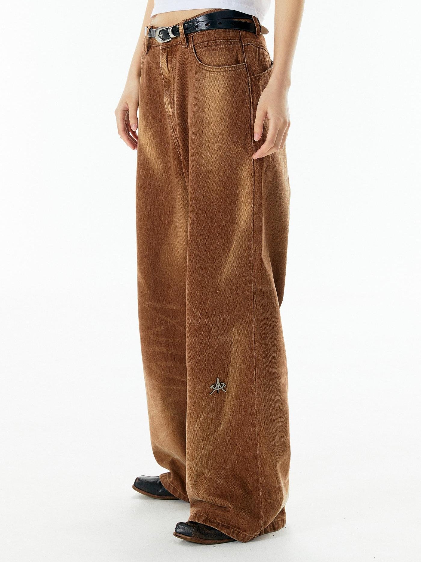 APRIORITY Caramel Special Wash Metal Zipper Women's Cotton Denim Wide-leg Jeans