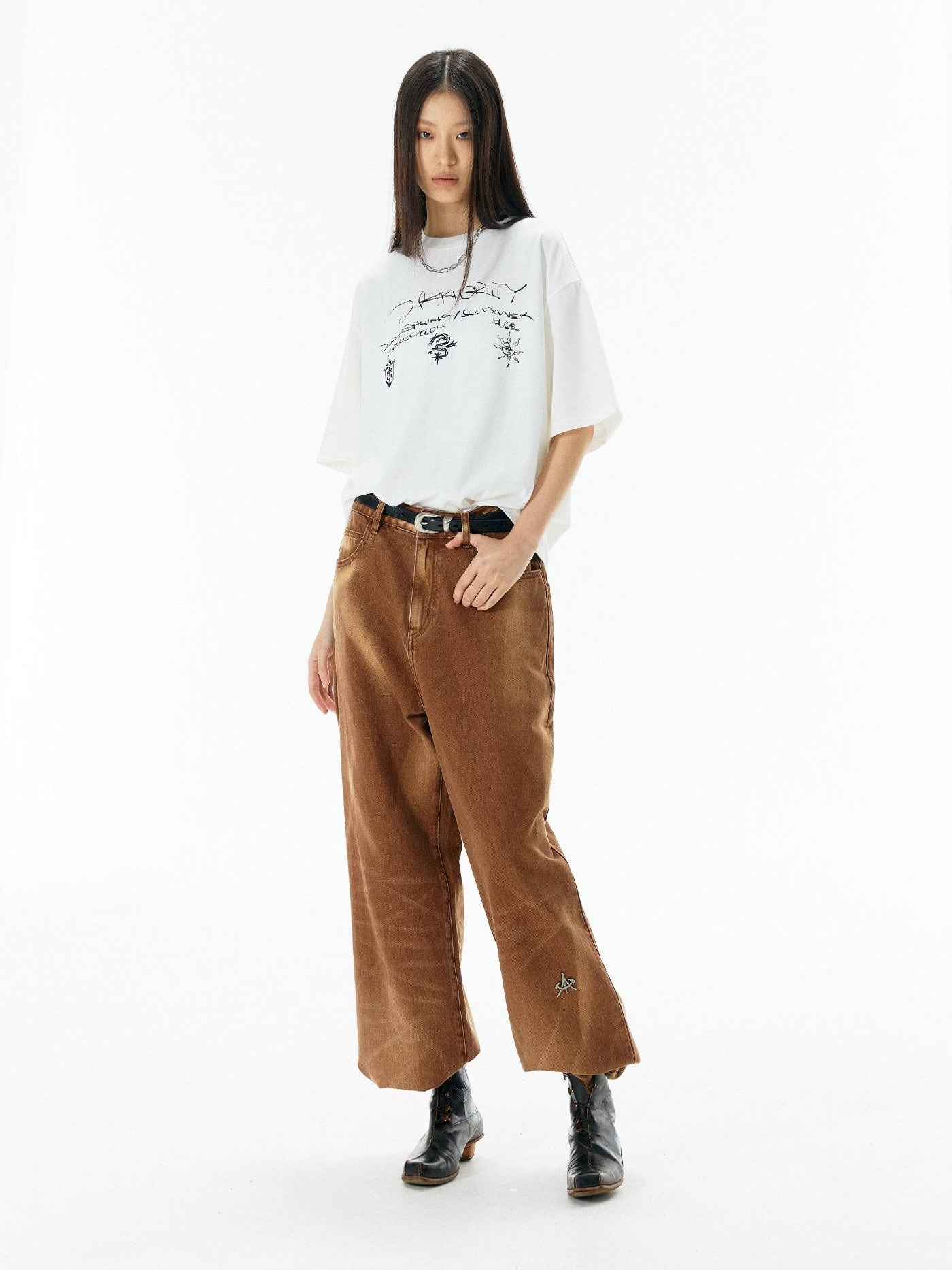 APRIORITY Caramel Special Wash Metal Zipper Women's Cotton Denim Wide-leg Jeans
