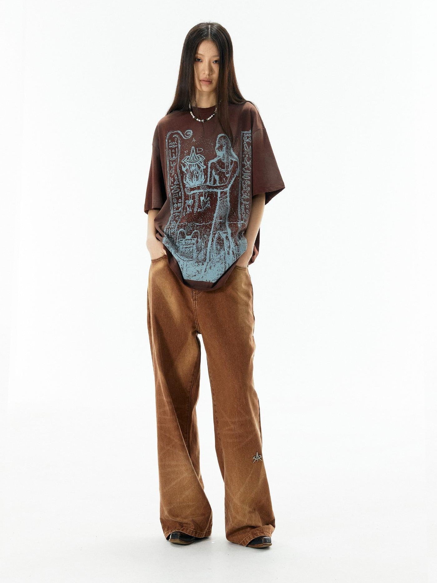 APRIORITY Caramel Special Wash Metal Zipper Women's Cotton Denim Wide-leg Jeans