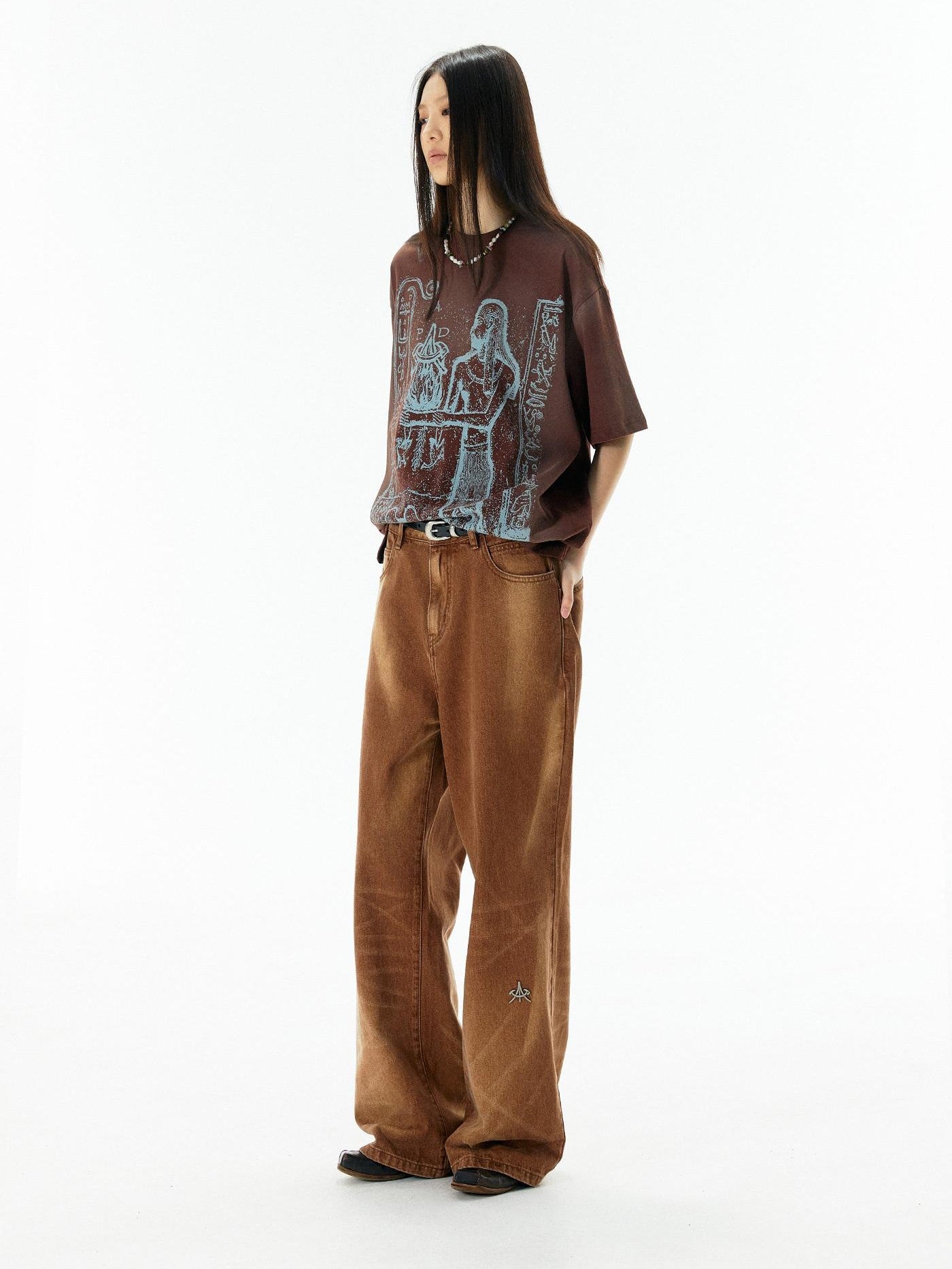 APRIORITY Caramel Special Wash Metal Zipper Women's Cotton Denim Wide-leg Jeans