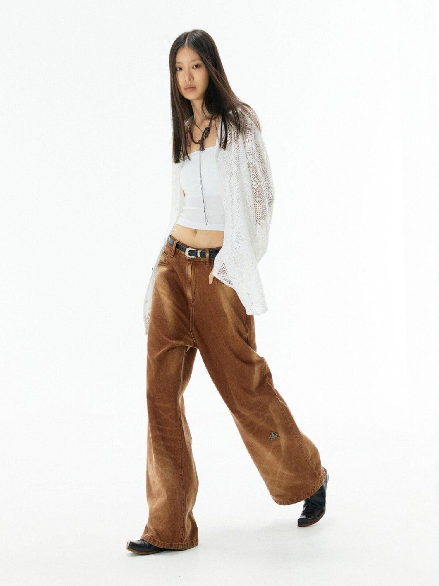 APRIORITY Caramel Special Wash Metal Zipper Women's Cotton Denim Wide-leg Jeans